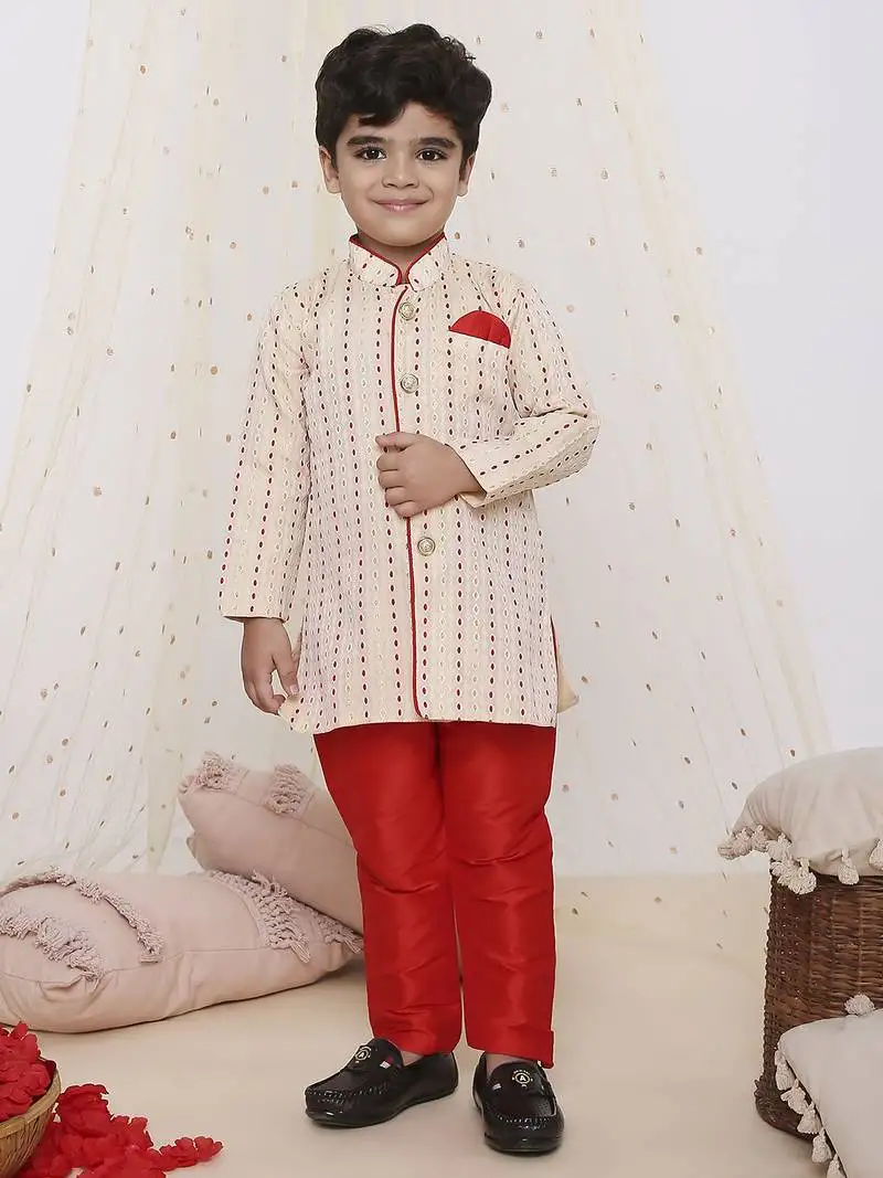 White red printed silk blend kurta pyjama