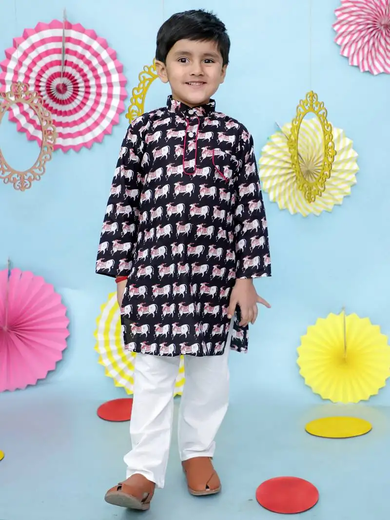 Black animal printed cotton kurta pyjama