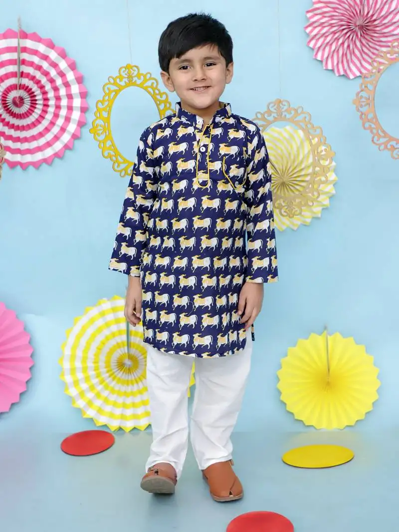 Navy animal printed cotton kurta pyjama