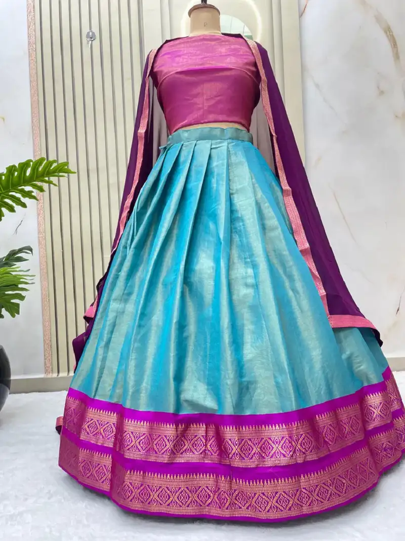 Skyblue south style kanchipuram silk semi stitched lehenga choli