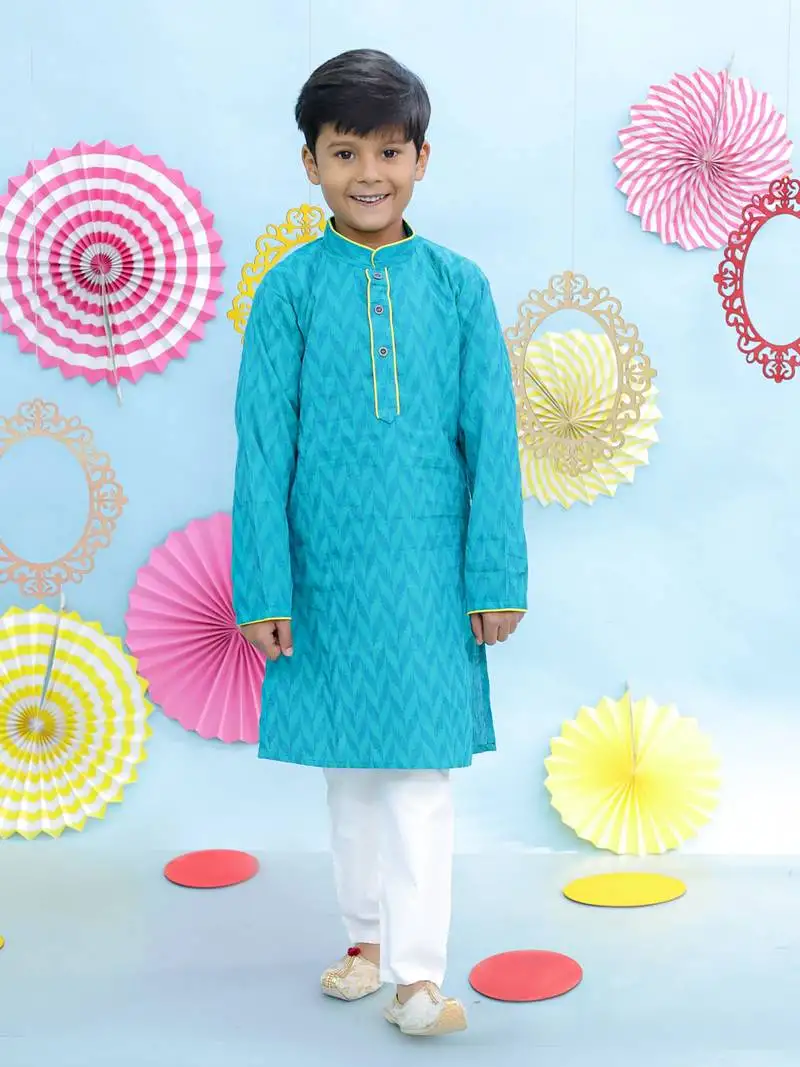 Turquoise printed cotton kurta pyjama