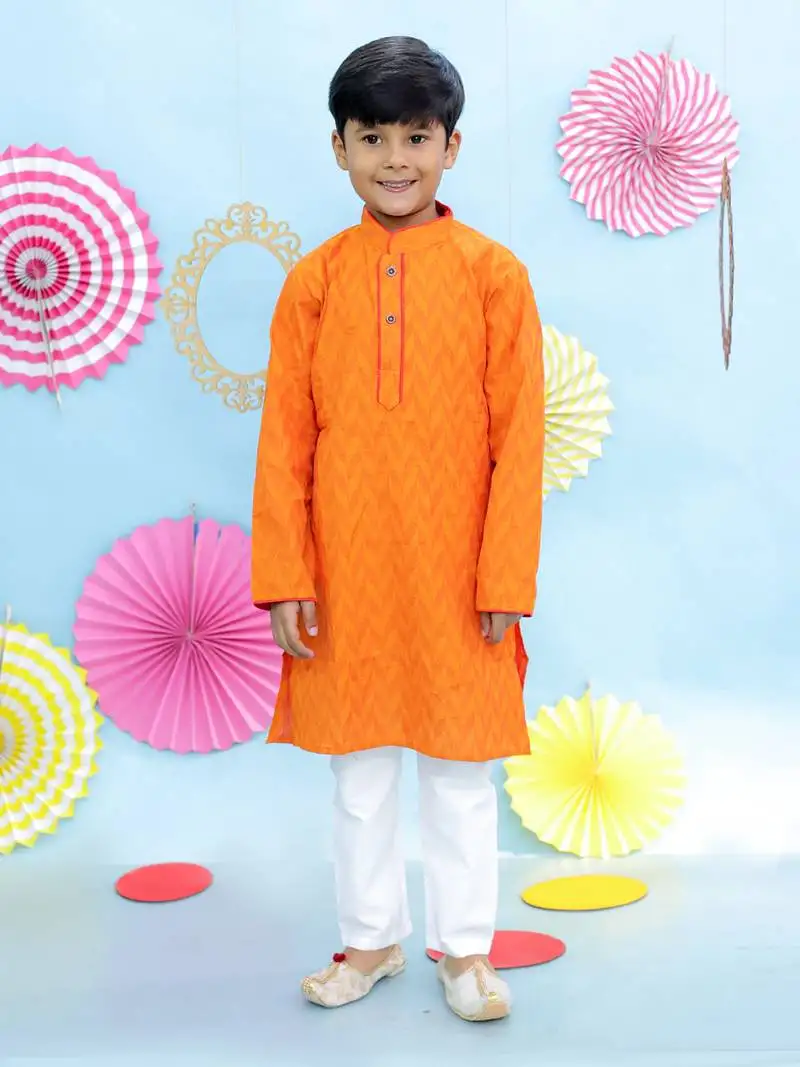 Orange printed cotton kurta pyjama