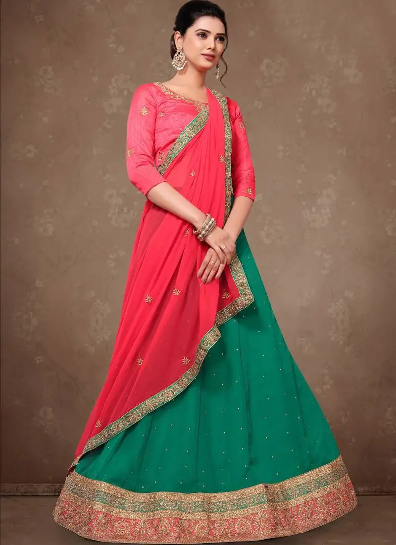 Teal green embroidery silk party wear lehenga