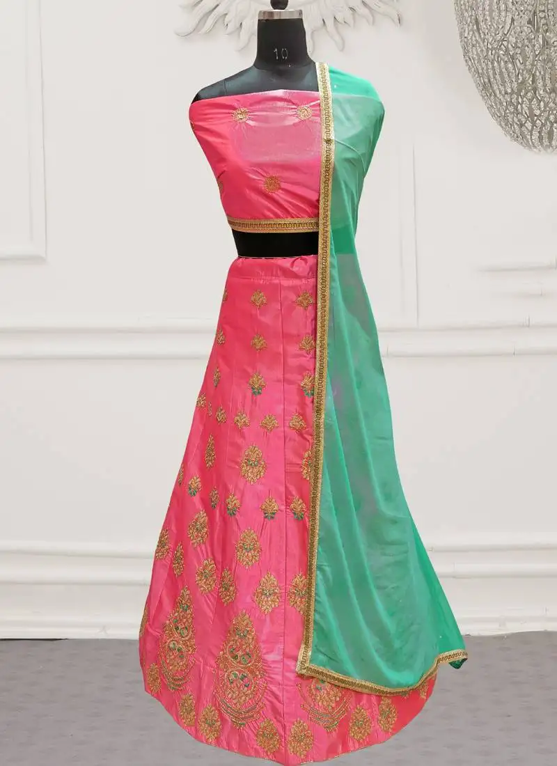 Pink embroidery satin silk party wear ethnic lehengas