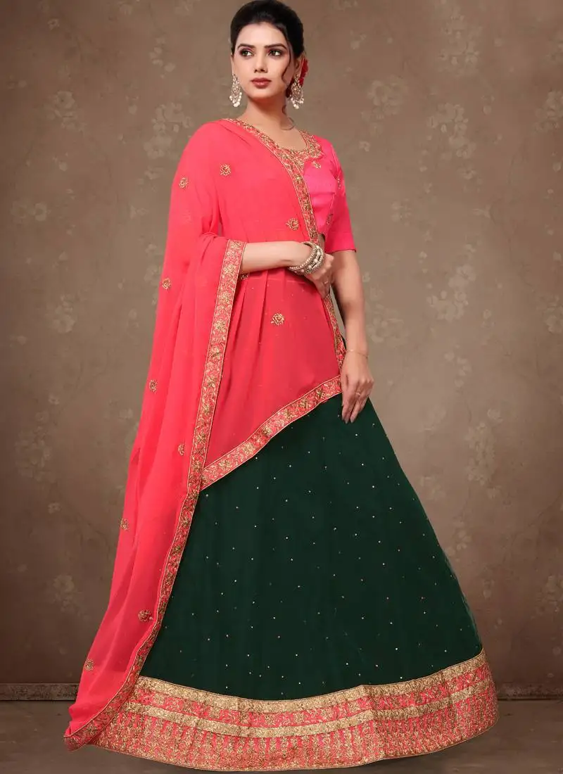Dark green embroidery silk party wear lehenga