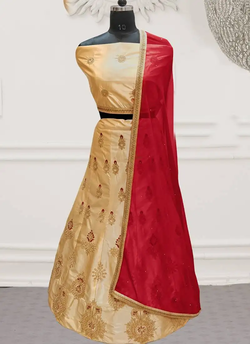 Beige embroidery satin silk party wear ethnic lehengas