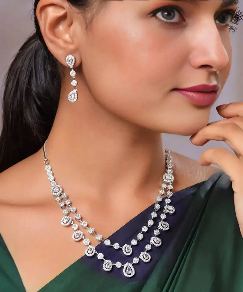 Rhodium plated ad american diamond cz cubic zerconia gemstone-studded layered necklace indian jewelry set