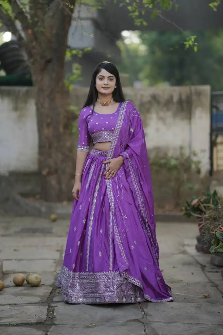 Purple thread and silver zari work chinon lehenga with unstitched blouse