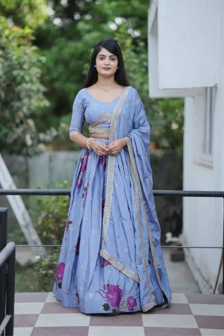 Firozi floral print embroidery design chinon lehenga with unstitched blouse