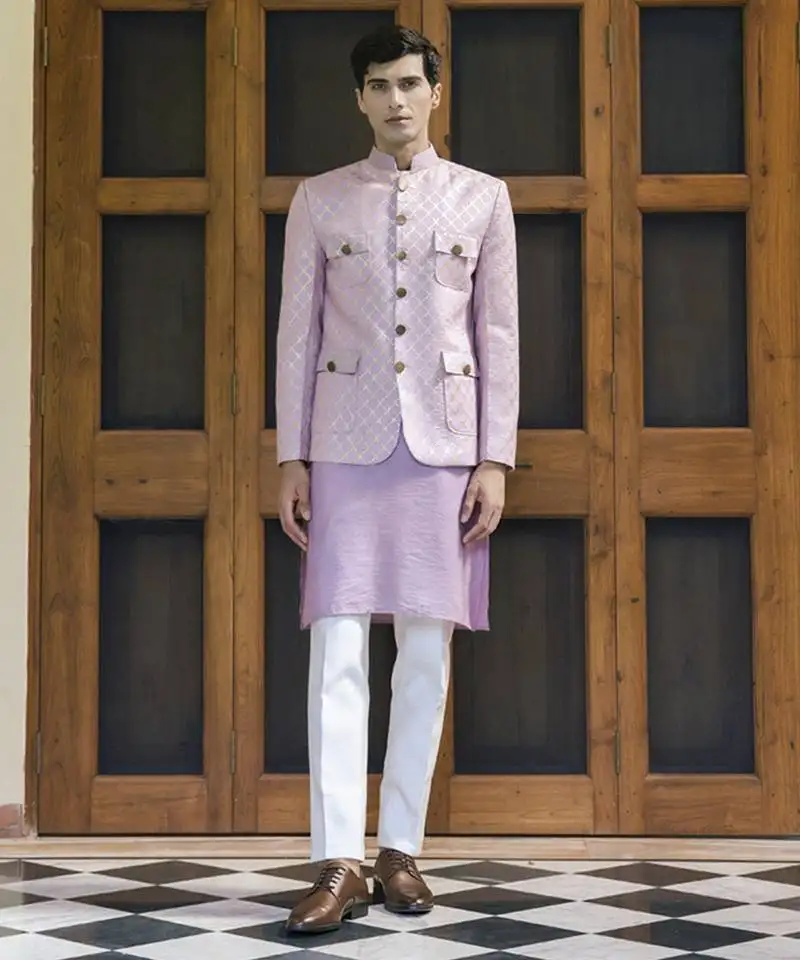 Pink embroidered linen kurta jacket set
