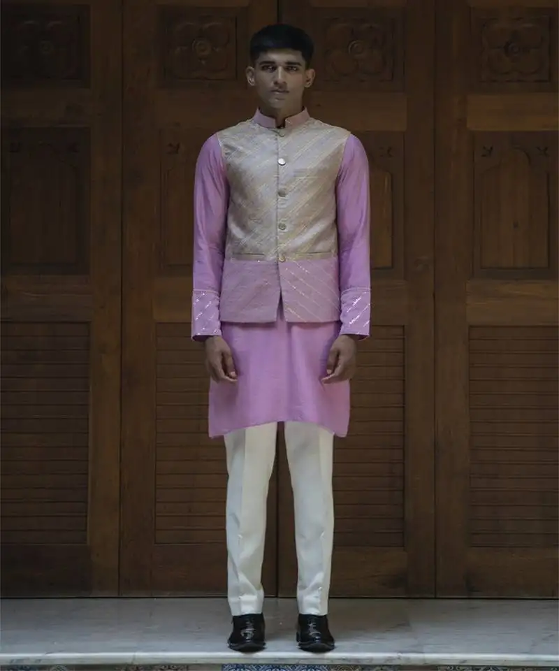 Pink embroidered banarasi kurta jacket set