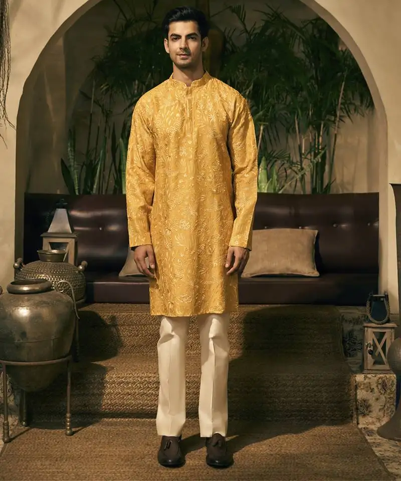 Yellow embroidery cotton silk kurta pajama