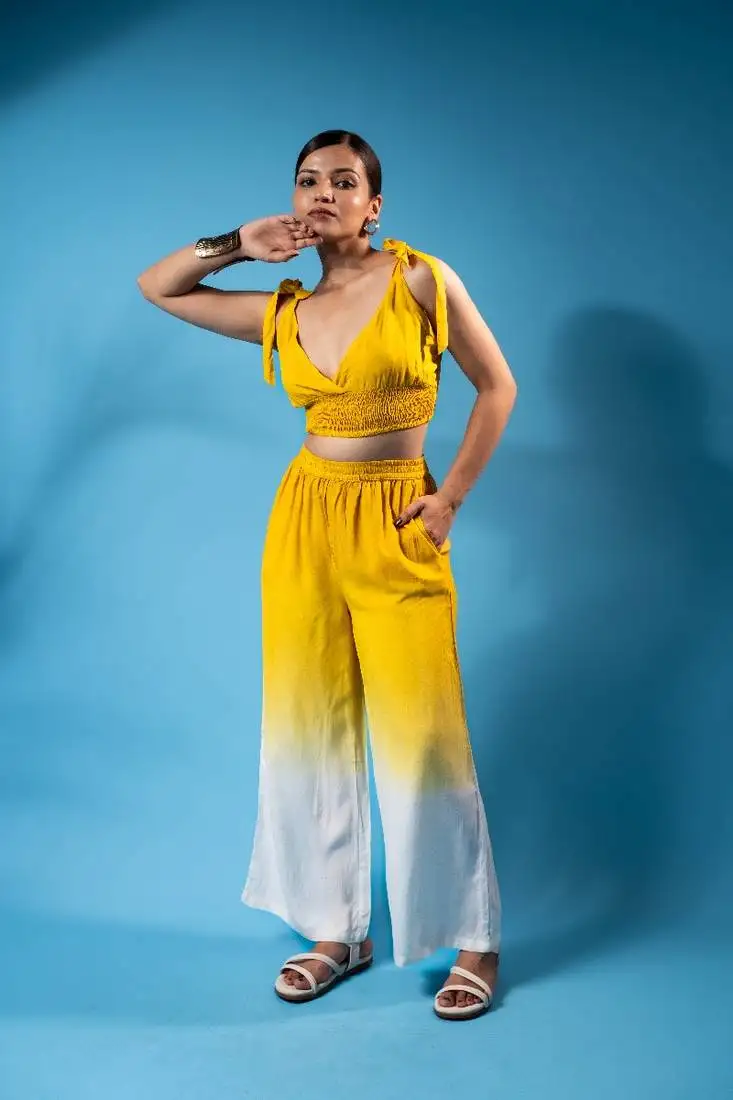 Mustard yellow tie-up smocked top & ombre pants co-ord set
