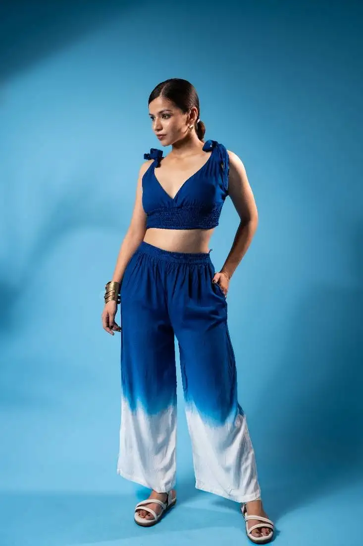 Blue tie-up smocked top & ombre pants co-ord set