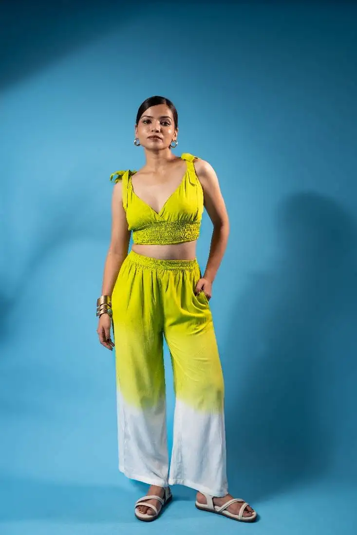 Lime green tie-up smocked top & ombre pants co-ord set