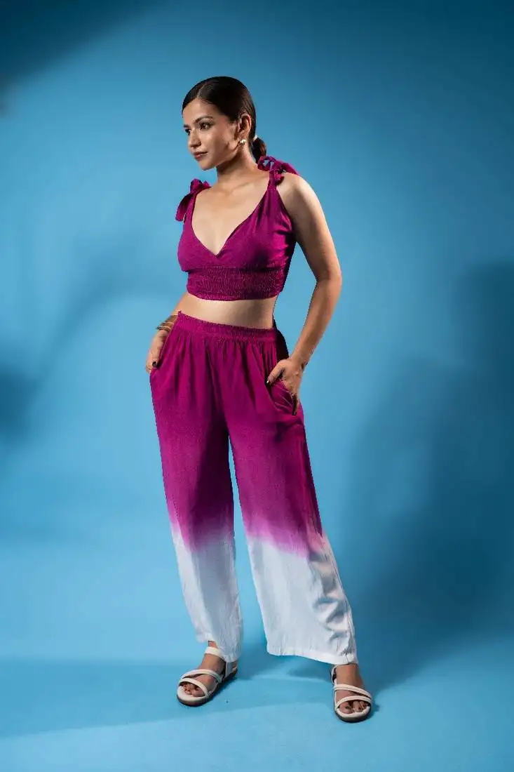 Magenta tie-up smocked top & ombre pants co-ord set