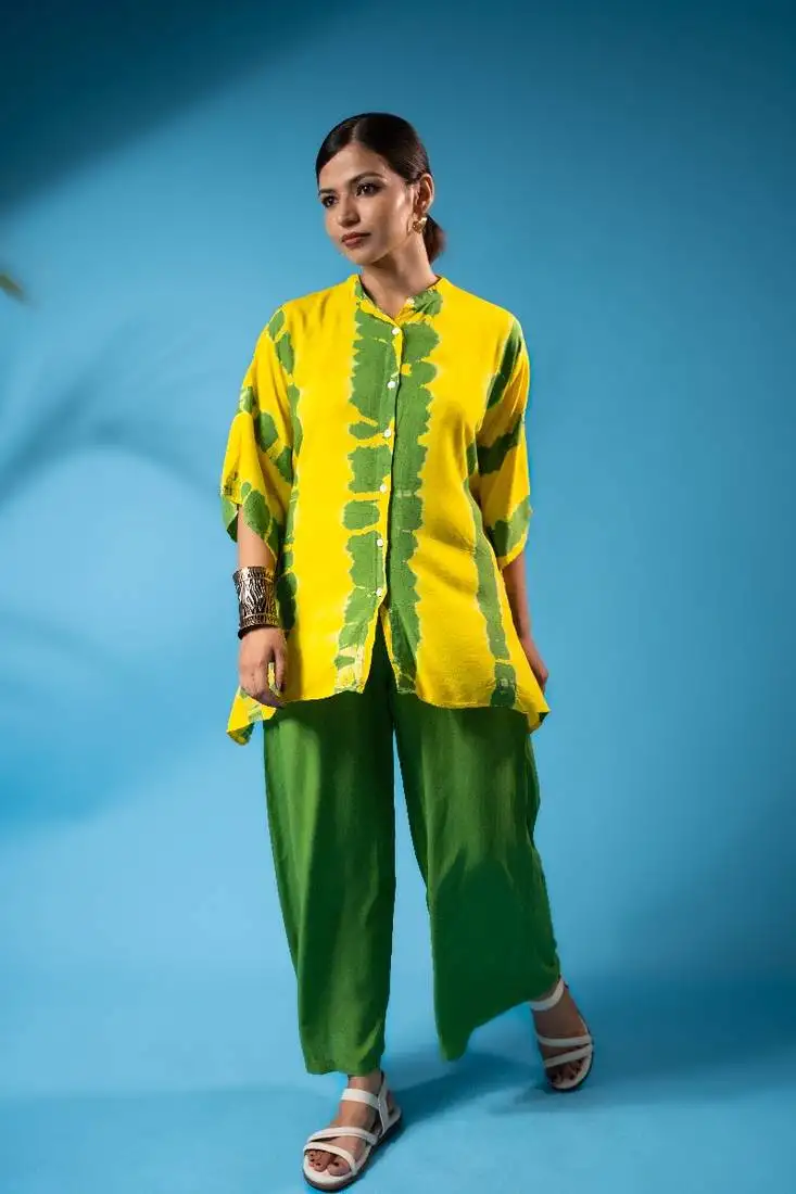 Yellow green tie-dye kaftan shirt & solid pants co-ord set