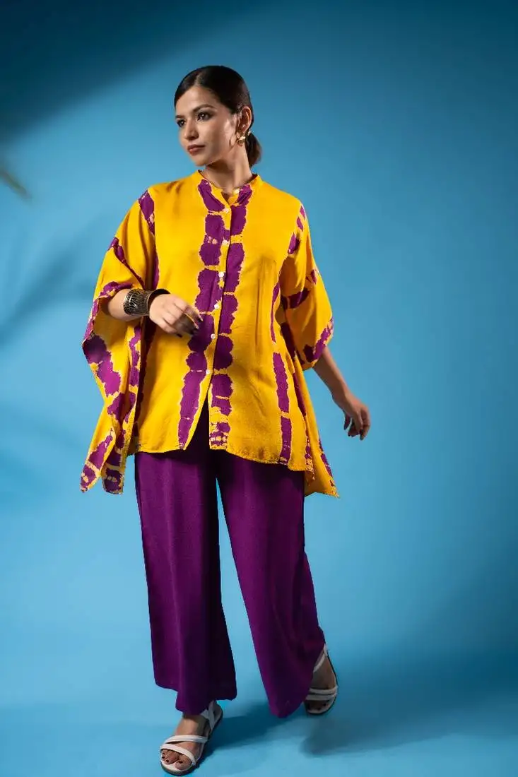Yellow magenta tie-dye kaftan shirt & solid pants co-ord set