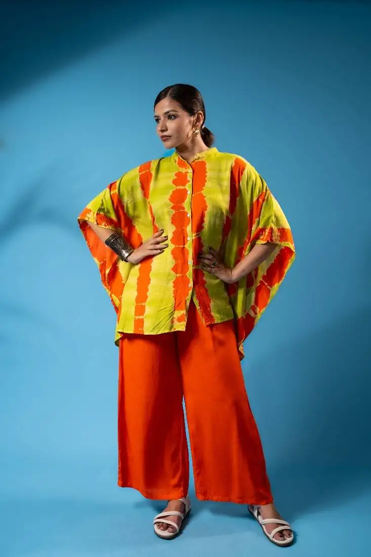 Lime orange tie-dye kaftan shirt & solid pants co-ord set