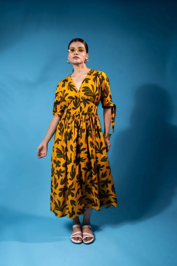 Olive green tropical print v-neck button-front midi dress