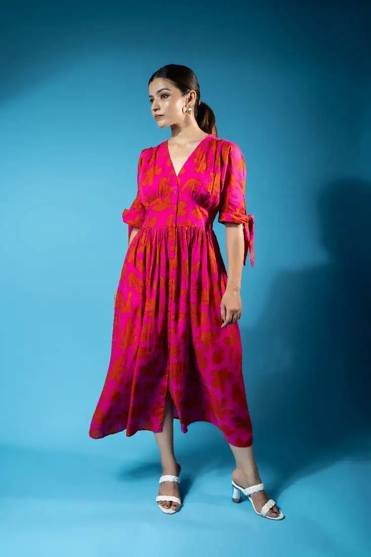 Dark pink tropical print v-neck button-front midi dress