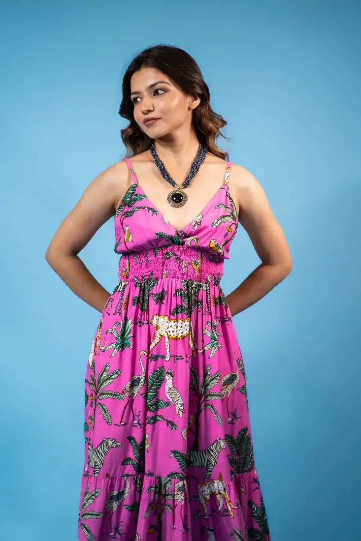 Deep pink jungle print smocked back maxi dress