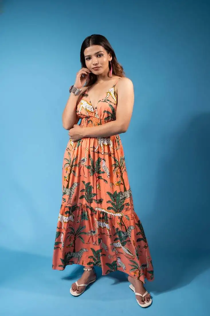 Peach jungle print smocked back maxi dress