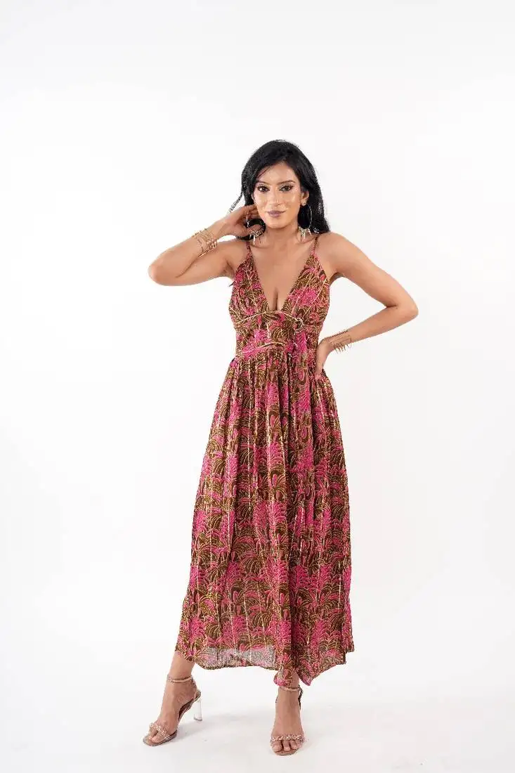 Palm gleam strappy back maxi dress – pink