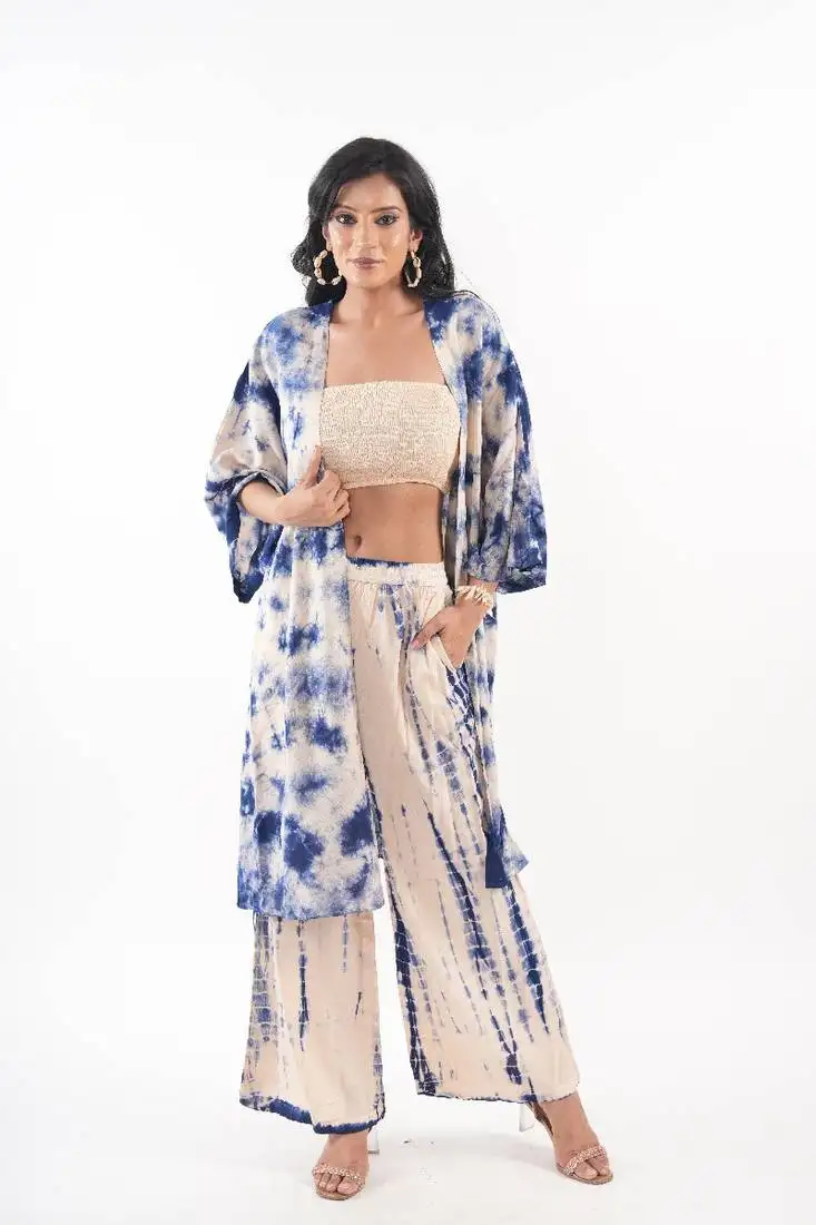 Off-white tie-dye shrug & pant co-ord set with solid tube top