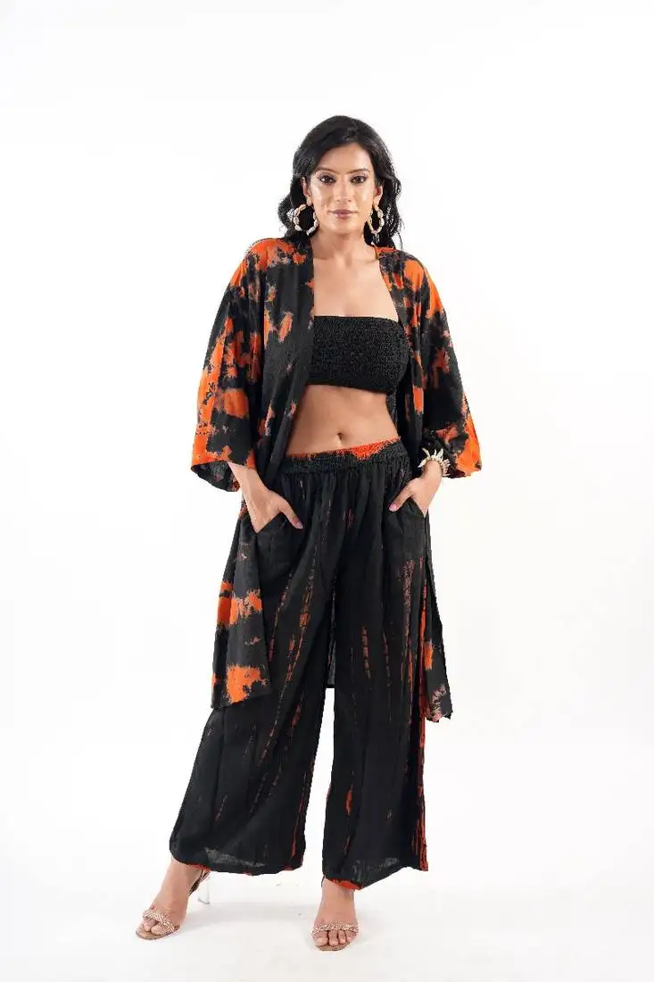 Black tie-dye shrug & pant co-ord set with solid tube top