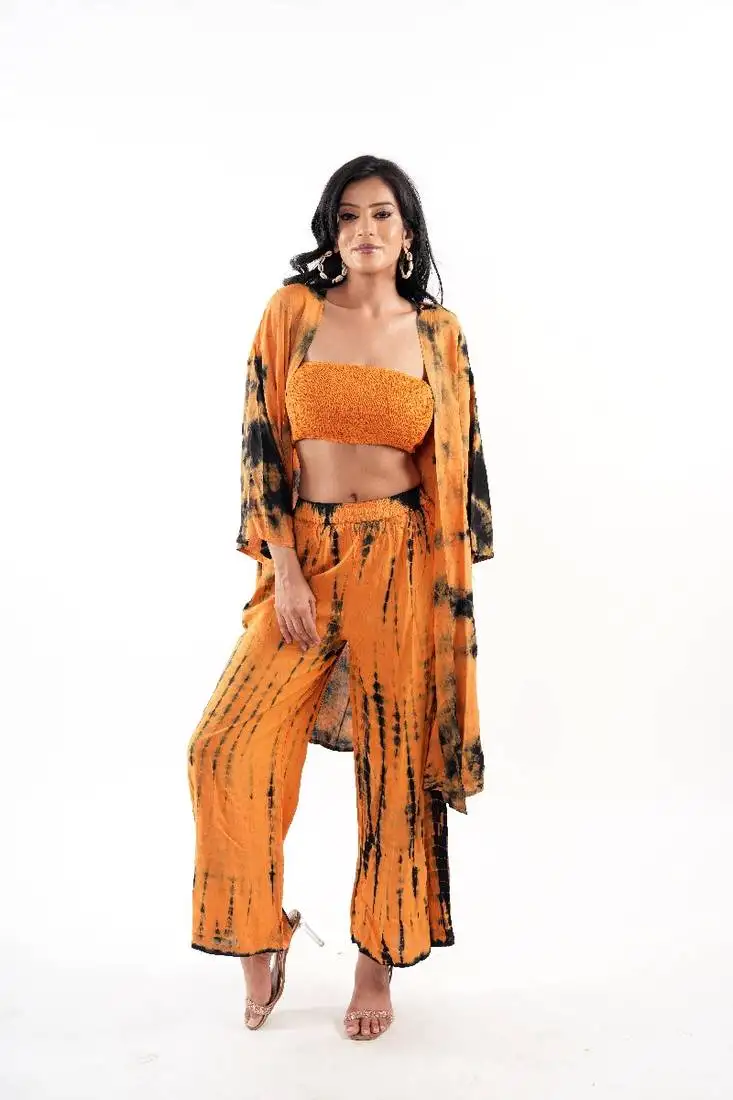 Brown tie-dye shrug & pant co-ord set with solid tube top