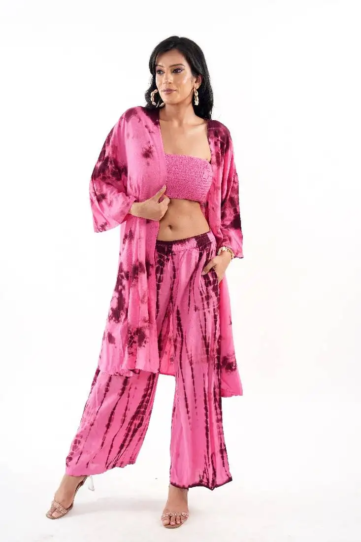 Pink tie-dye shrug & pant co-ord set with solid tube top