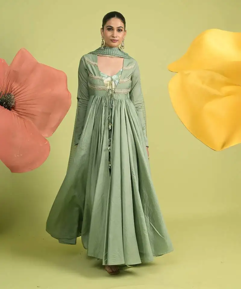 Teal green zari work chanderi anarkali