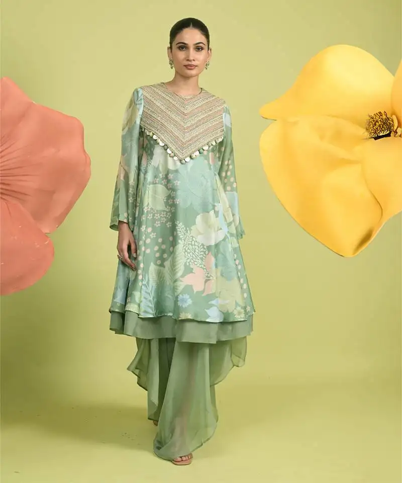 Teal green zari work cotton kurta sets