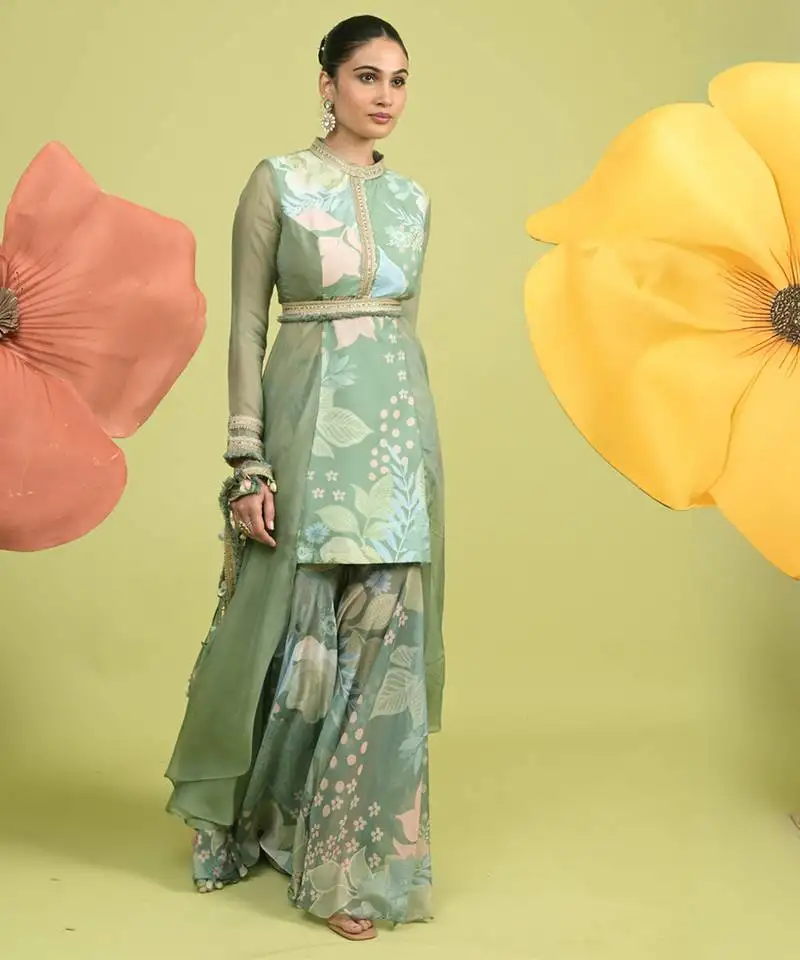 Teal green floral print cotton kurta sets