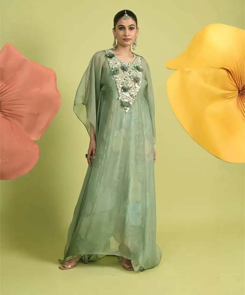 Teal green sequins work cotton kaftans