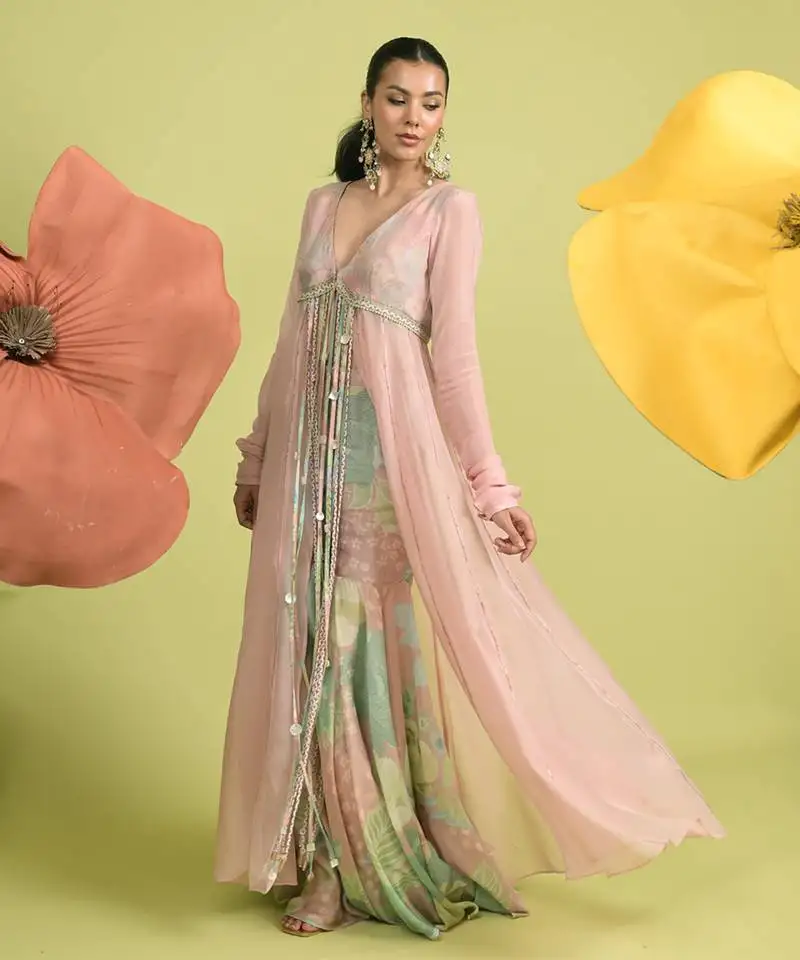 Baby pink floral print cotton anarkali