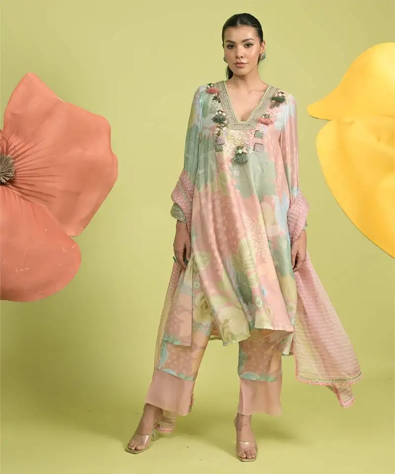 Baby pink zari work cotton kurta sets