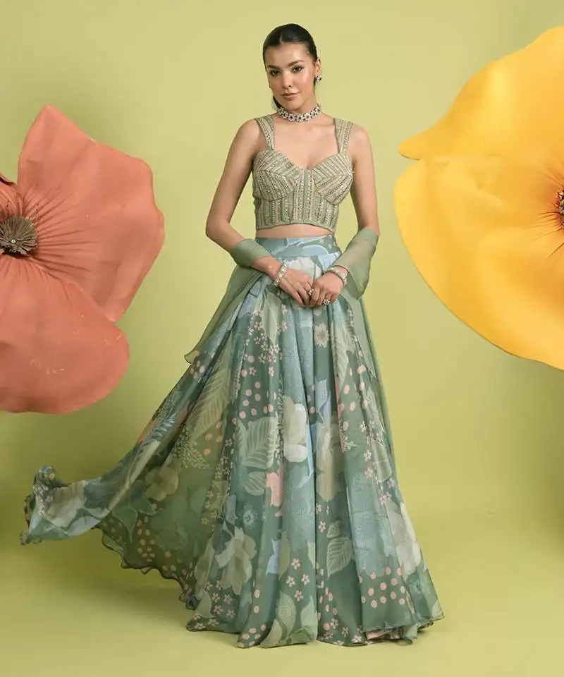 Dark sea green floral print chanderi lehenga set