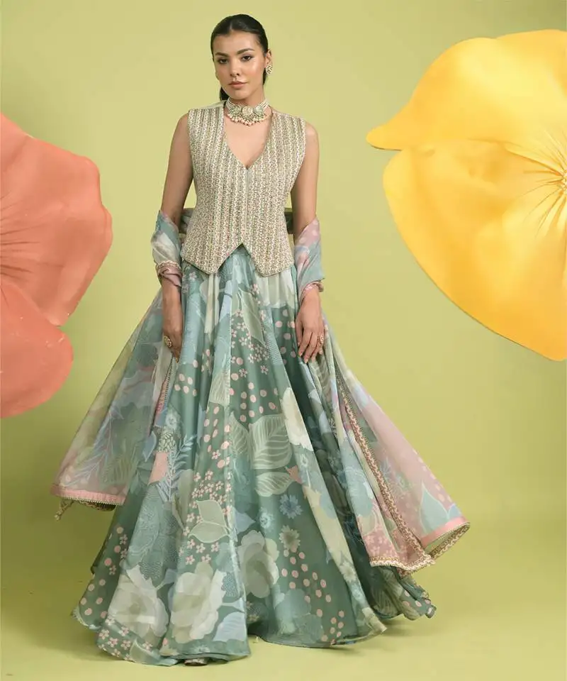 Dark sea green floral print organza lehenga set