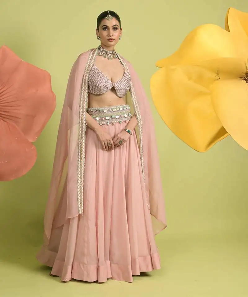 Baby pink zari work chanderi lehenga set