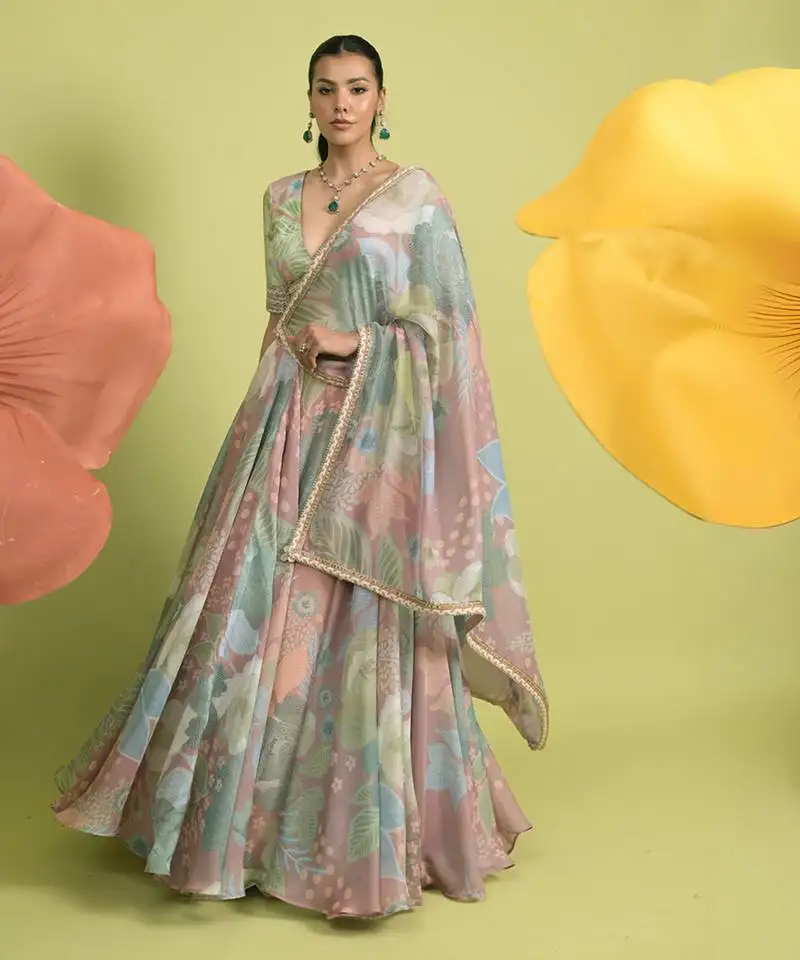 Dark sea green floral print cotton lehenga set