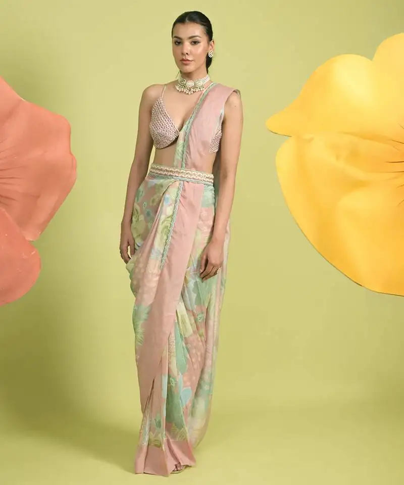 Baby pink floral print organza saree with blouse