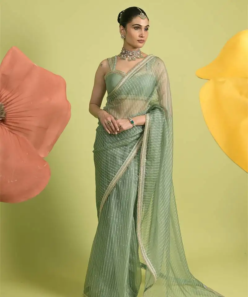 Sea green zari work chanderi saree with blouse