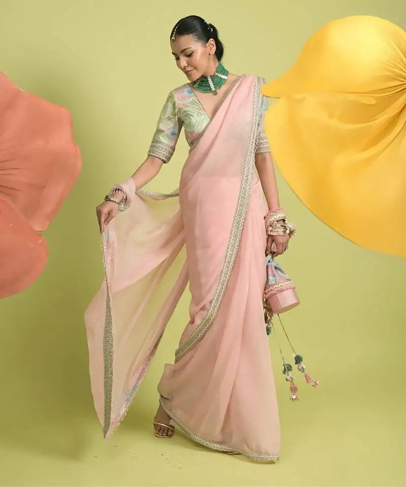 Baby pink zari work organza saree with blouse