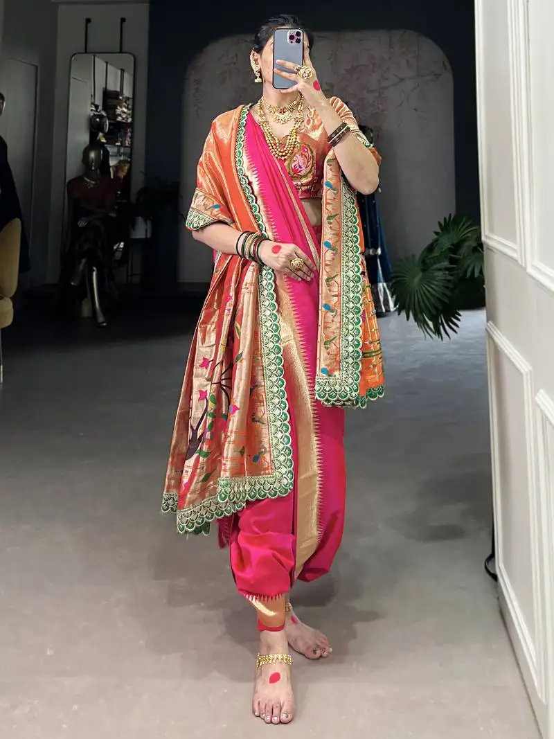 Pink weaving nauvari bridal saree with orange dupatta