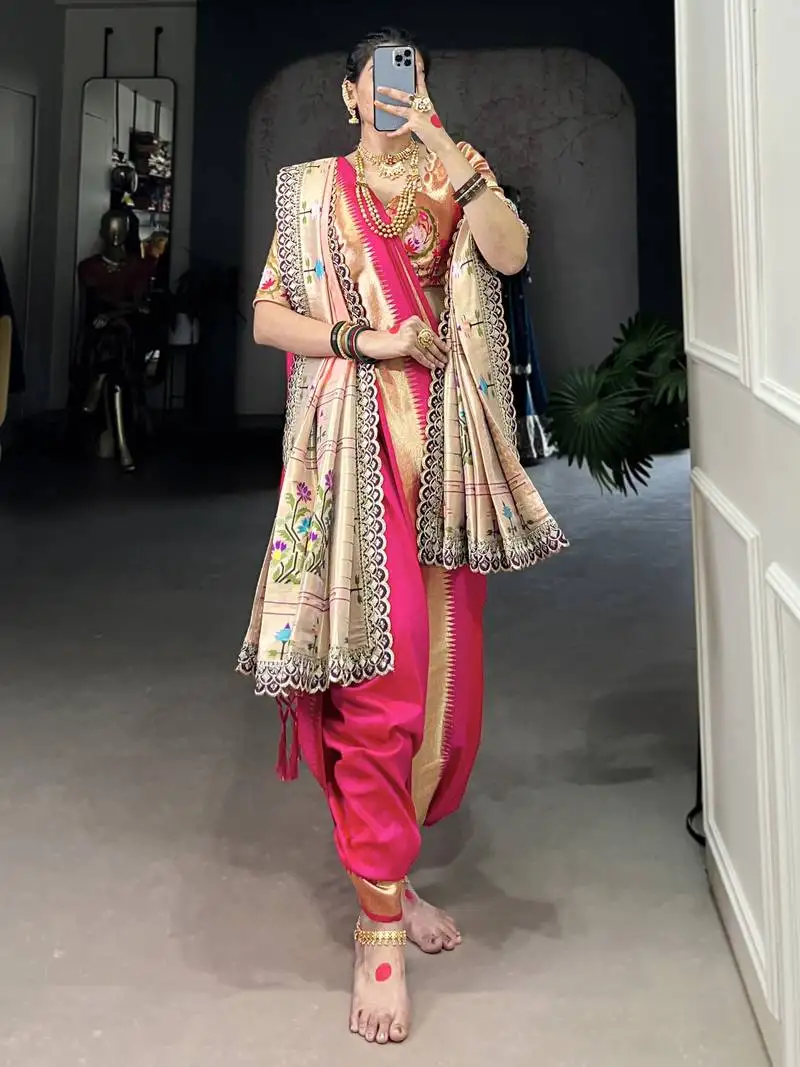 Pink weaving jacquard nauvari bridal saree with dupatta