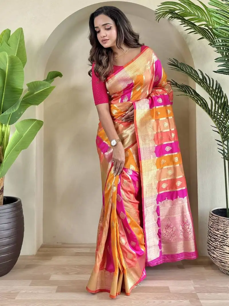 Multi-color zari weaving banarasi silk blend festival wear saree