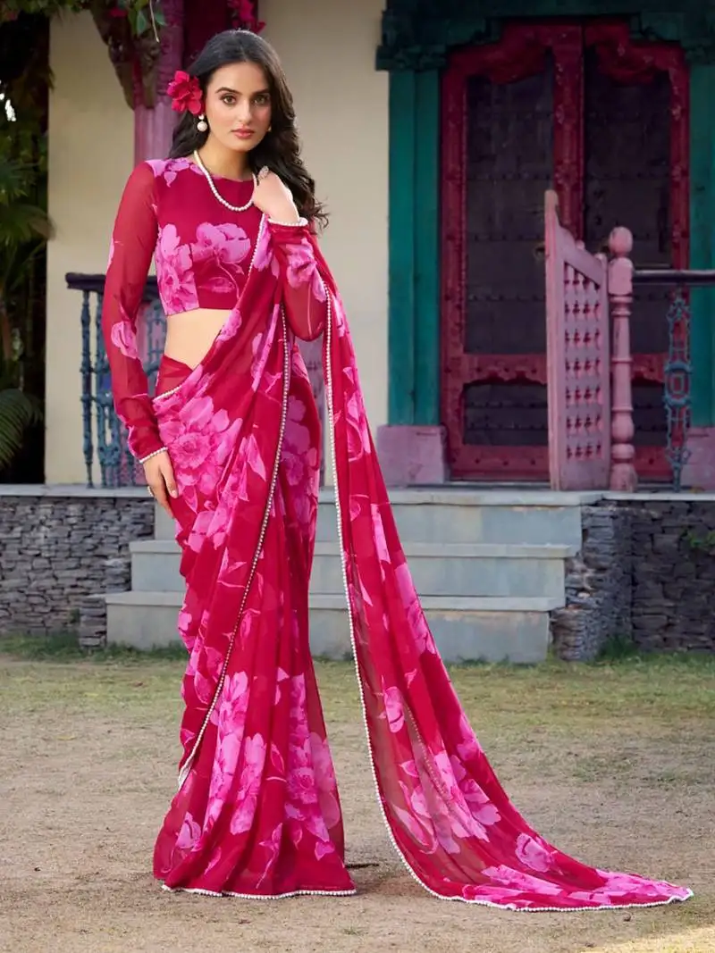 Pink floral printed chiffon office wear saree with blouse