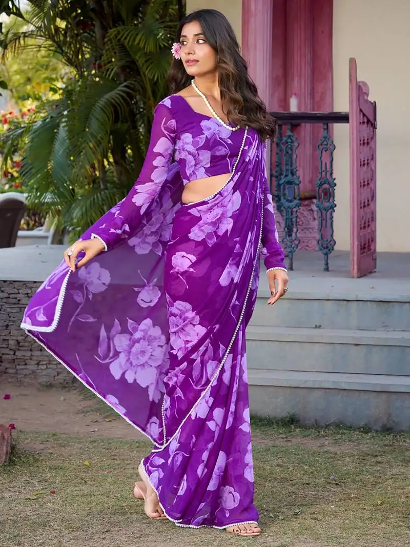 Purple floral printed chiffon casual wear saree with blouse